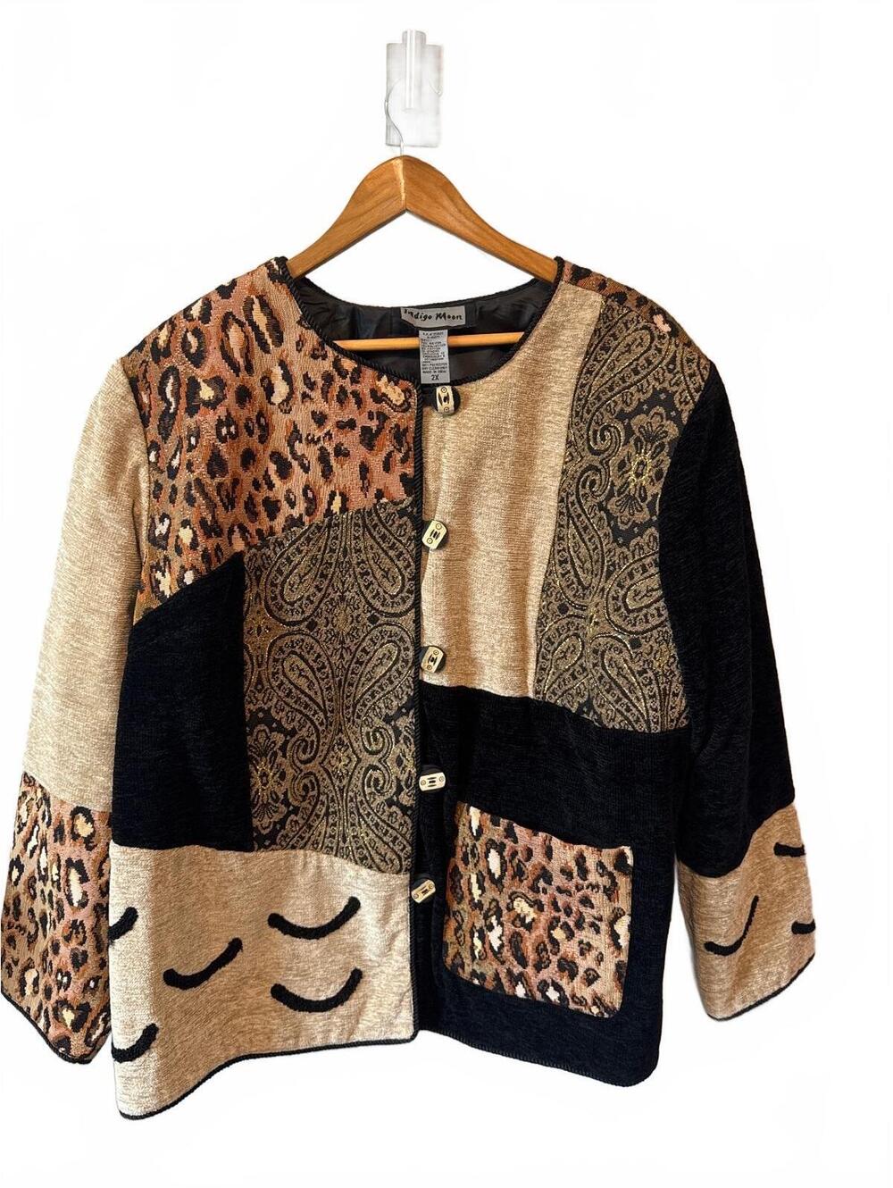 Indigo Moon Patchwork Jacket 2X Leopard Paisley Art To Wear Boho Statement
